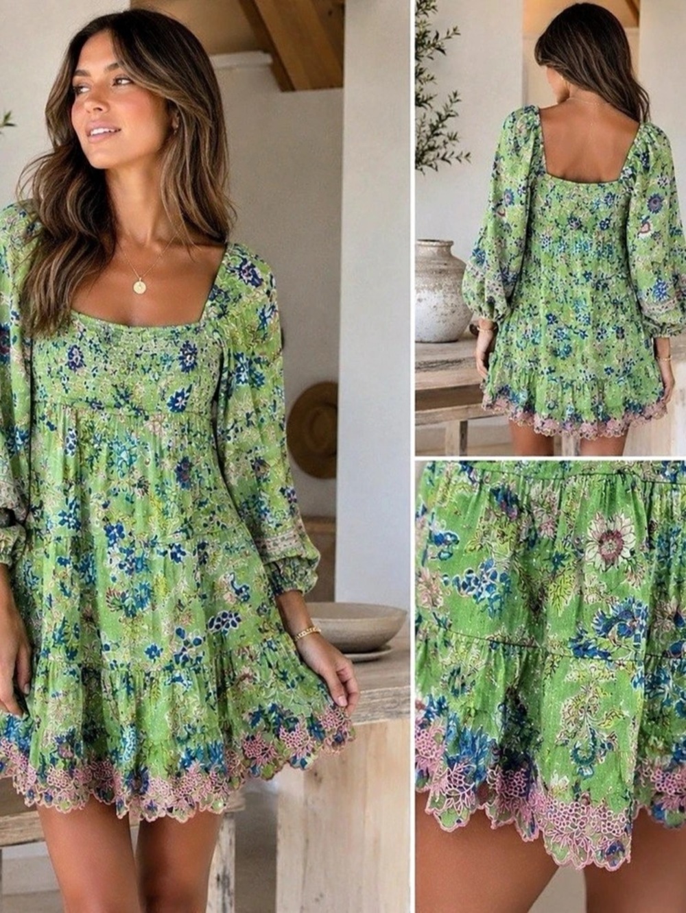 Hemant & Nandita Floral Mini Dress in Pear Green, NWOT, size XL